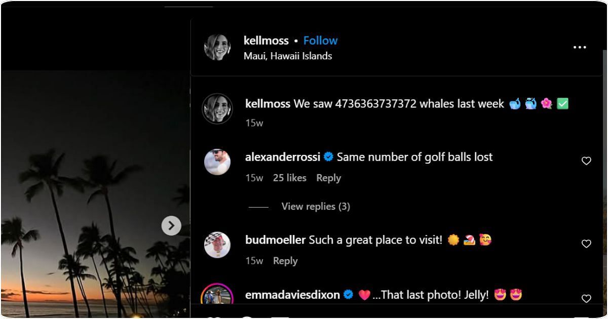 Alexander Rossi aimed a lighthearted dig at his wife, Kelly. Image: @kellmoss via Instagram